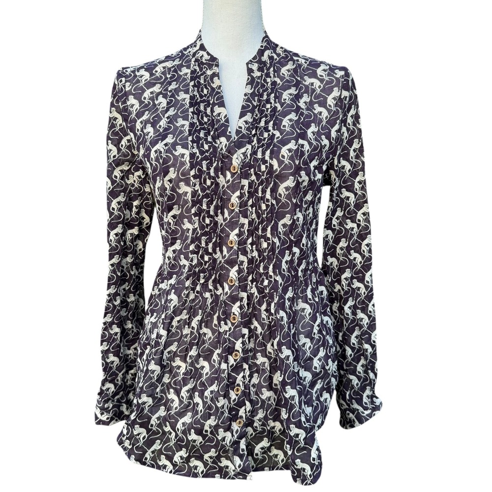 Maeve‎ Anthropologie Monkey Print Button Front Pleated Blouse Women Size 6